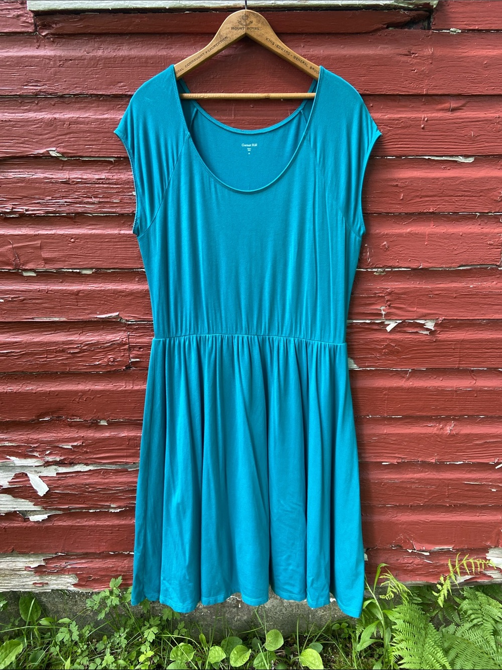 Garnet Hill Short Sleeve Scoop Neck Stretch Jersey Dress in Teal Women's Size 16